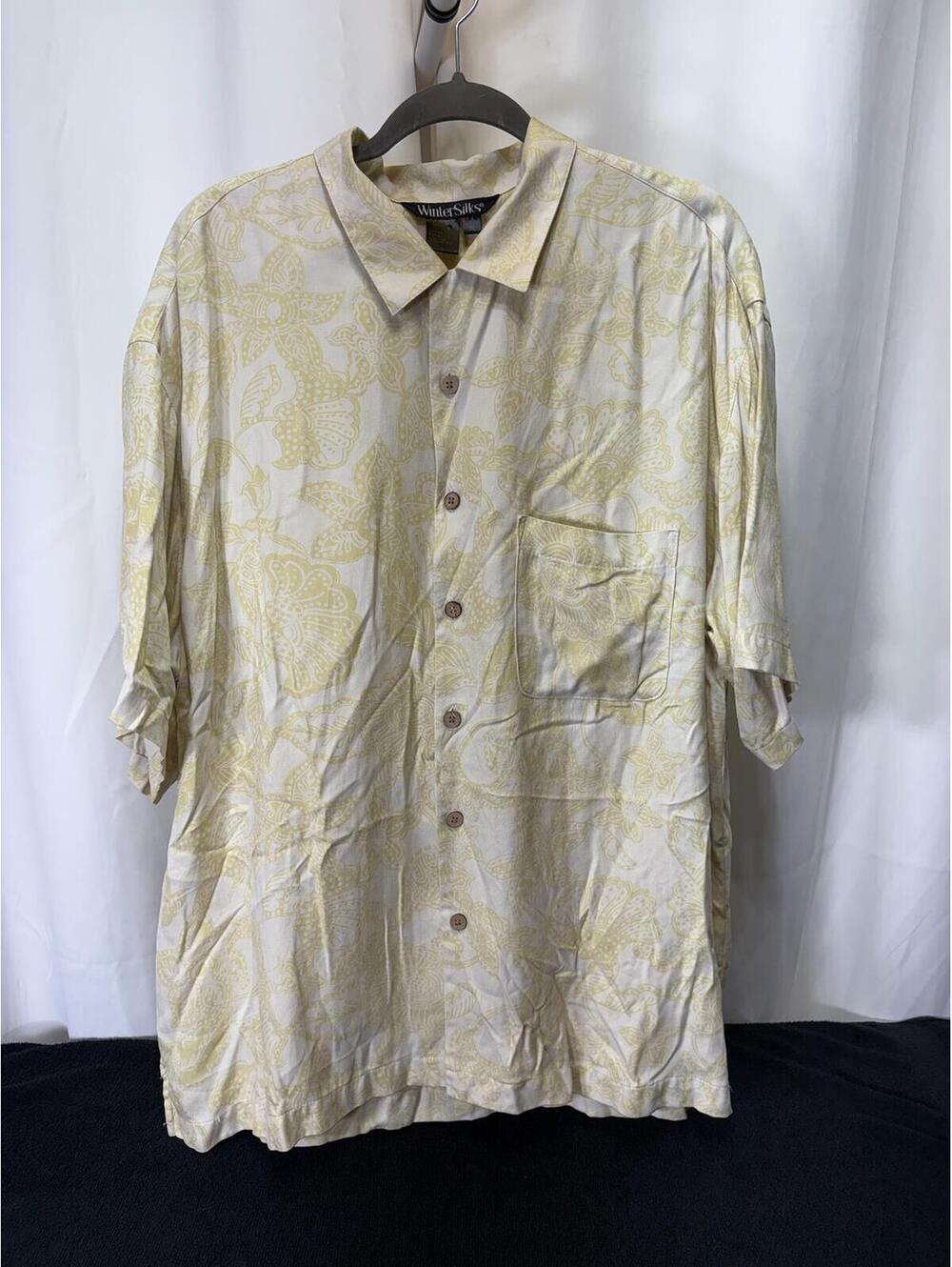 WinterSilks XL Silk Paisley Button Front Shirt Light Yellow Cream 2699